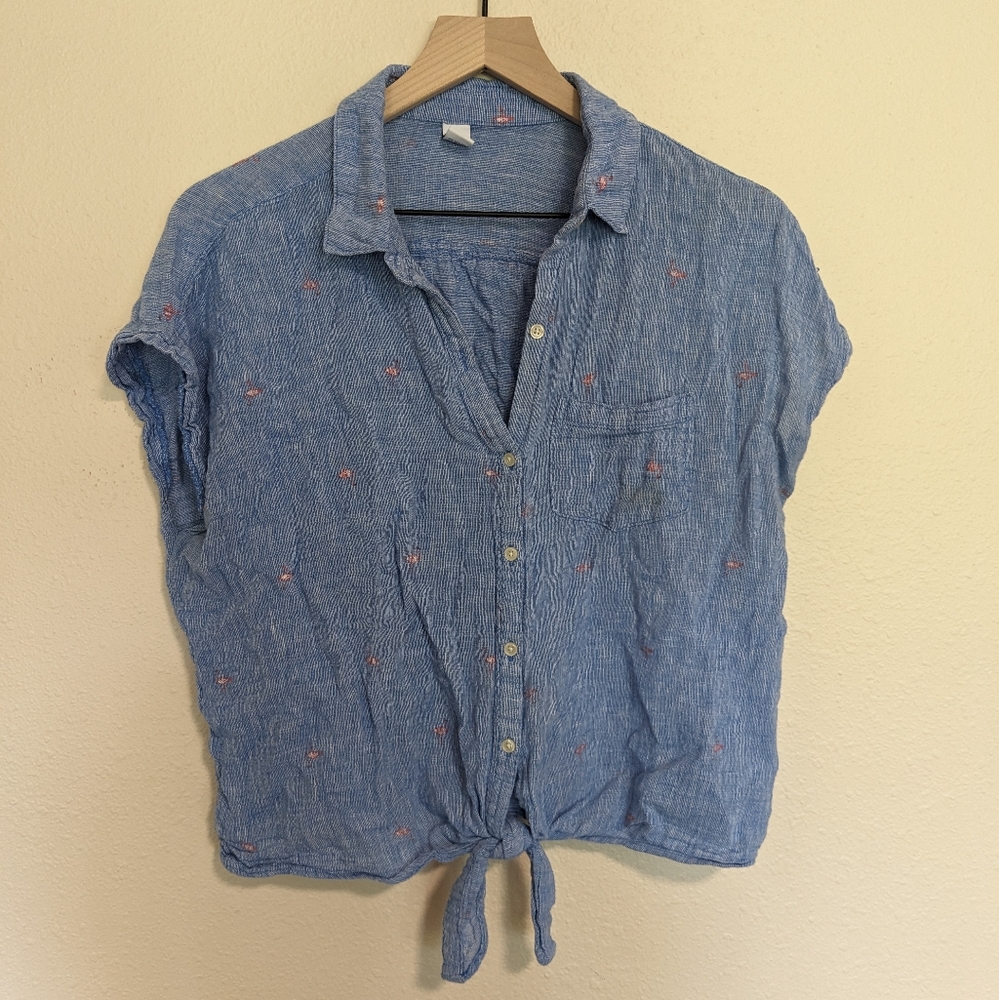 Old Navy • Button Up, Cropped, Tie-Front Flamingo Top